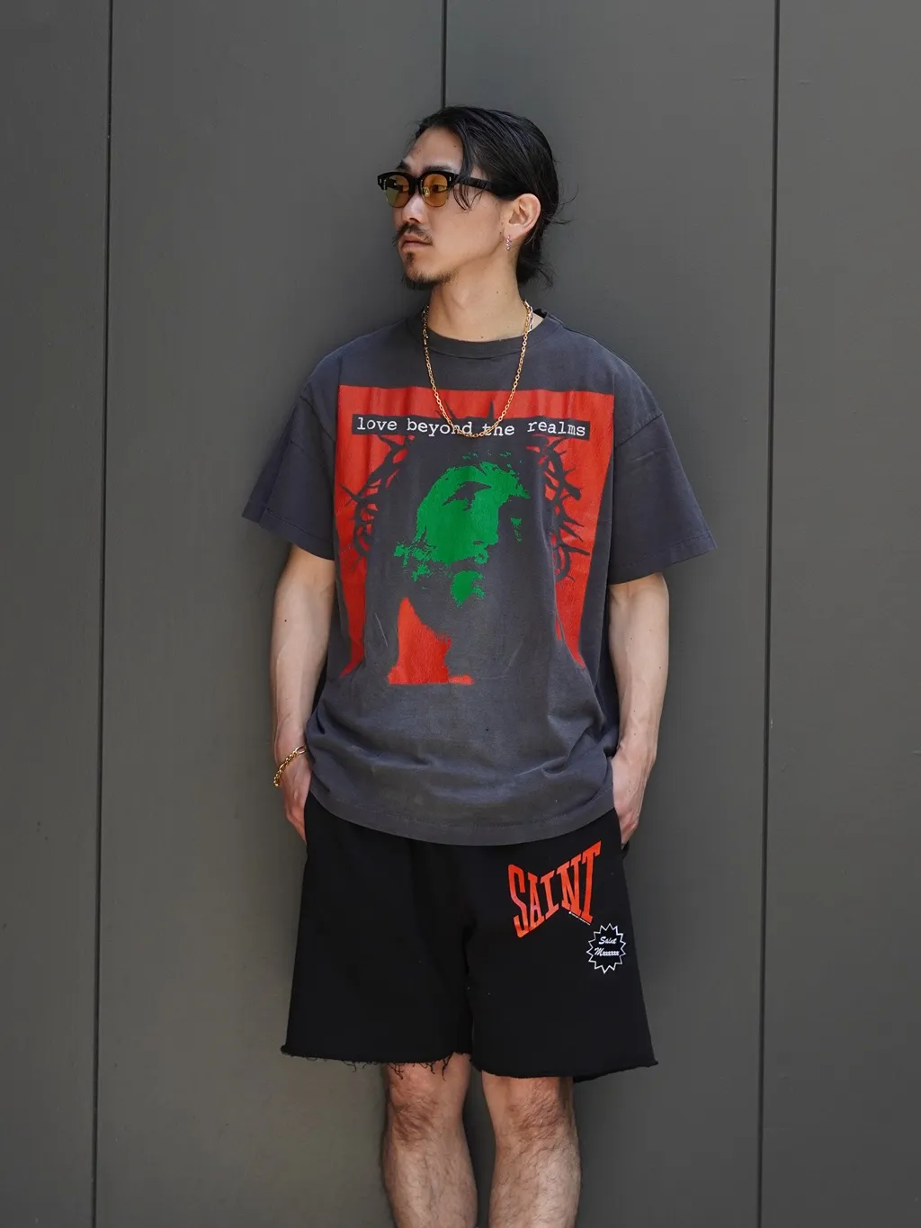 SAINT Mxxxxxx 'SAINT' SWEAT SHORTS/GRY/BLK embroidered SAINT LOGO basic shorts, distressed gray/washed black S-XL, four needles and six threads throughout, produced by a major domestic factory, imported Tajima machine embroidery, washed and distressed, original version